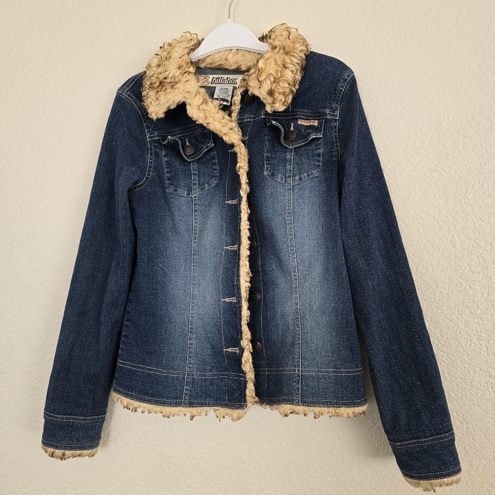 Billabong Vintage Y2K Faux Fur Denim Jacket Small - Picture 2 of 9